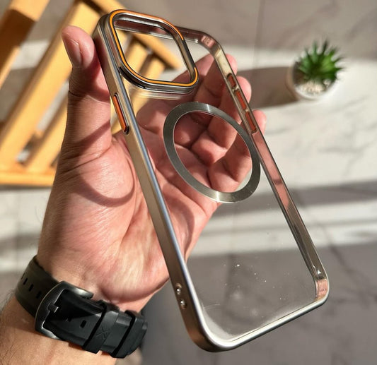 Natural Titanium Luxury Transparent Glass MagSafe Case + Camera Lens
