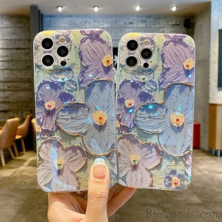 Classy  Colorful Flowers Floral Painting Case With Built-in Glitter Lens Protector
